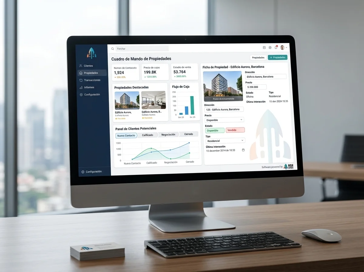 Interfaz de un sistema CRM para inmobiliarias mostrando la gestión organizada de clientes y propiedades, clave para el éxito en Caracas y Lechería.