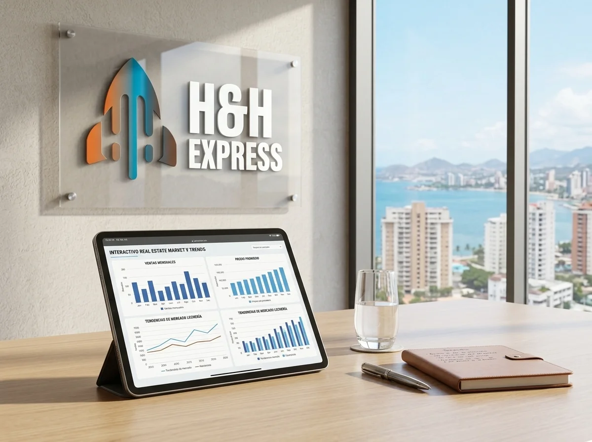 Asesor de H&H Express mostrando opciones de inversión a clientes para generar leads calificados en Lechería.