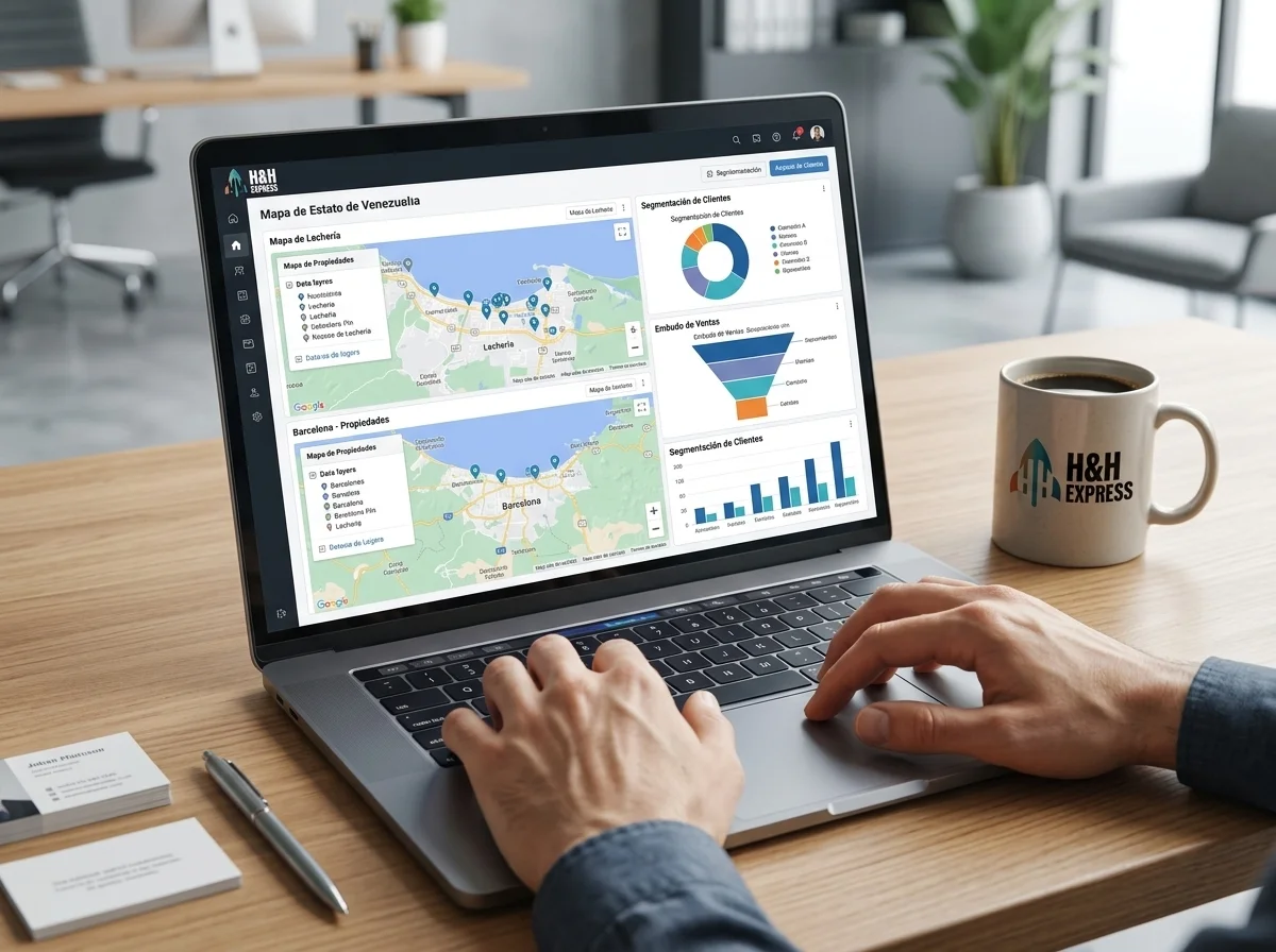 Interfaz de un CRM inmobiliario utilizado por H&H Express para segmentar leads calificados en Anzoátegui.